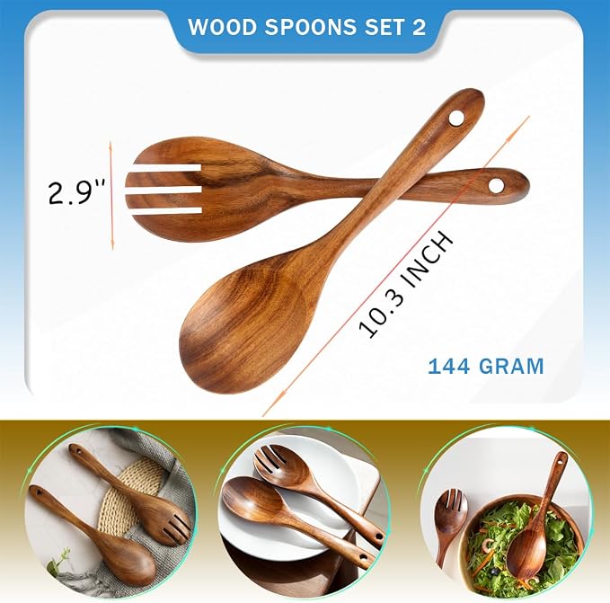 Teak Wooden Spoons 10.2-Inch Pack of 2, Salad Serving Spoons, Wooden Salad Spoon - Image 6