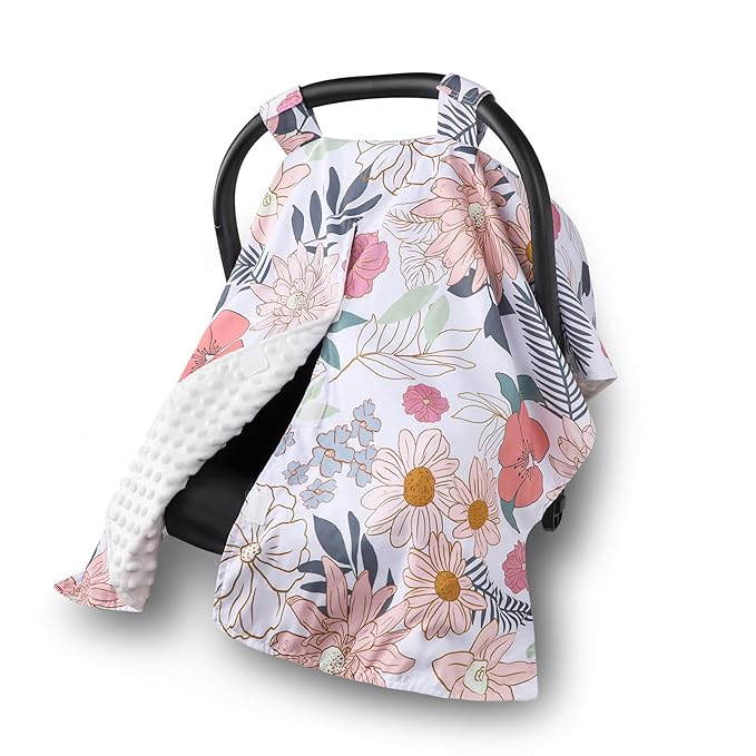 Car Seat Cover Baby, Infant Car Seat Canopy Covers for Newborn Girls Boys, Soft Breathable Minky Carseat Covers Stretchy Multi-Use Nursing Cover for Stroller Baby Car Seat, Daisy Flroal