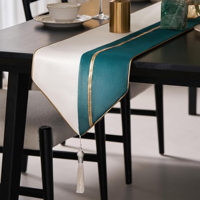 Avigers Table Runner 12 x 78 Inch, Emerald Green White, Tassels | Faux Silk by Avigers