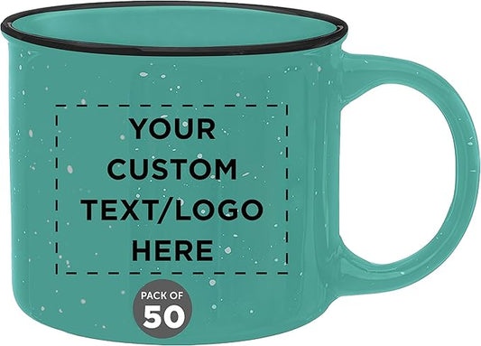 DISCOUNT PROMOS Custom Ceramic Campfire Coffee Mugs 13 oz. Set of 50, Personalized Bulk Pack - Perfect for Tea, Espresso, Cappuccino, Hot Cocoa - Mint