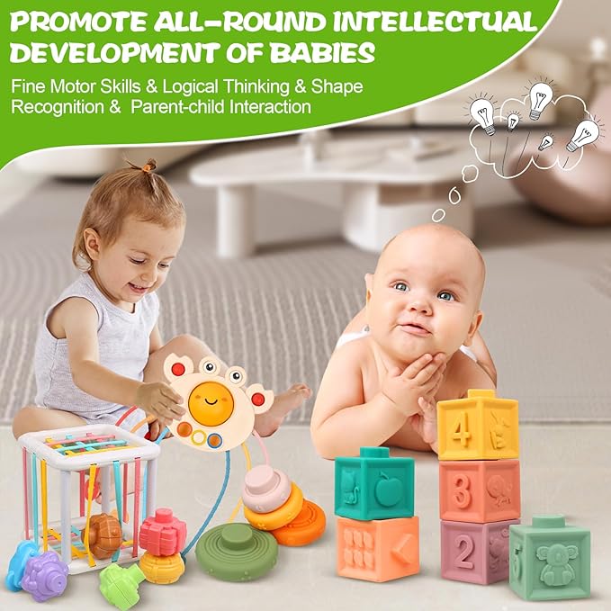 Montessori Toys for Babies 6-12 Months, 4 in 1 Soft Baby Teething Toys, Stacking Building Blocks & Rings for Infants, Sensory Bin Toy