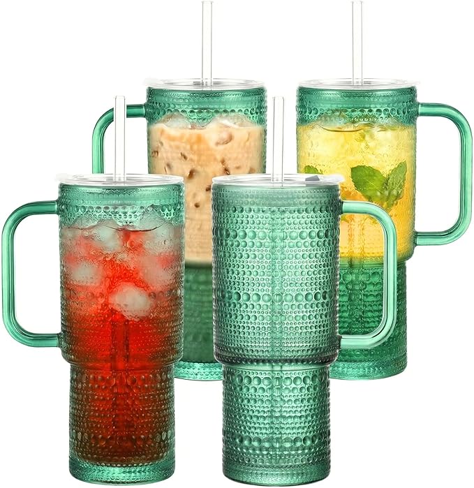 20 oz Green Glass Tumbler with Lid and Straw, Glass Iced Coffee Cups, by Unknown