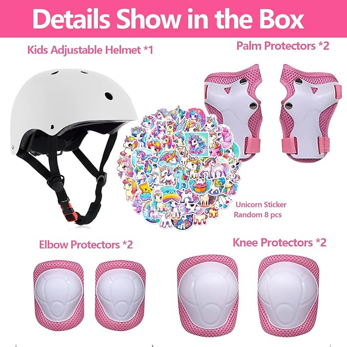 Kids Bike Helmet with Knee Elbow Wrist Pads Guards,Pink,for Ages 2-3-5-8-14,Sports Bicycle,Skate Scooter,Rollerblading with Unicorn Sticker