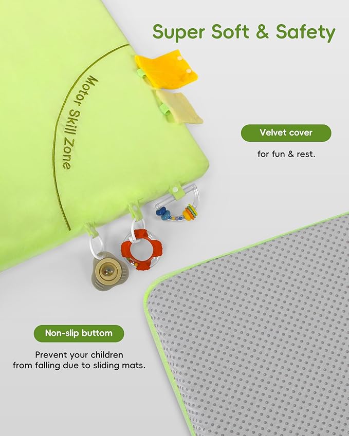 Baby Play Mat, 50''x50'' Playpen Mats with 4 Sensory Development Zones for Motor Skills, Unique Crawling Mats with Non-Slip Cushioned That Fits Nicely into Any Playroom, Green