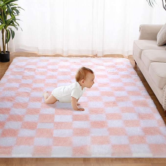 Super Soft Rug for Bedroom, 8x10 Ft Pink and White Area Rug Classic Checkered - Image 2