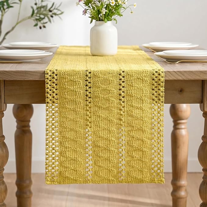 Artoid Mode Yellow Woven Farmhouse Hollow Table Runner 12x72 Inch | Holiday - Image 3