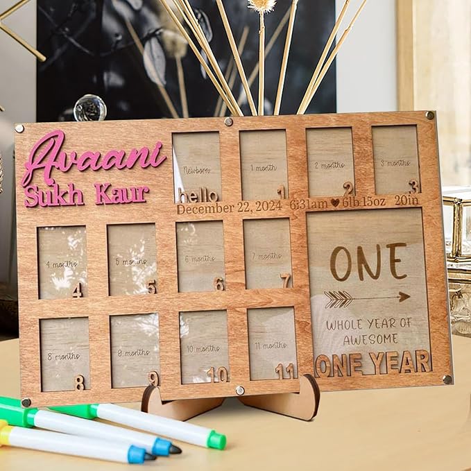 Personalized My First Year Photo Frame | 12 Months Picture Frame For Baby First Year | Displays One 5x7 Photo and Twelve 2x3 Pictures | Birthday Party Decor Newborn Memory Keepsake, Style MP2