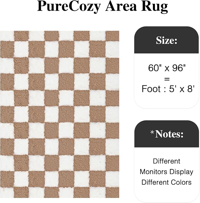 PureCozy 5x8 Area Rugs for Living Room Brown Soft Shag Checkered Large Rug - Image 3