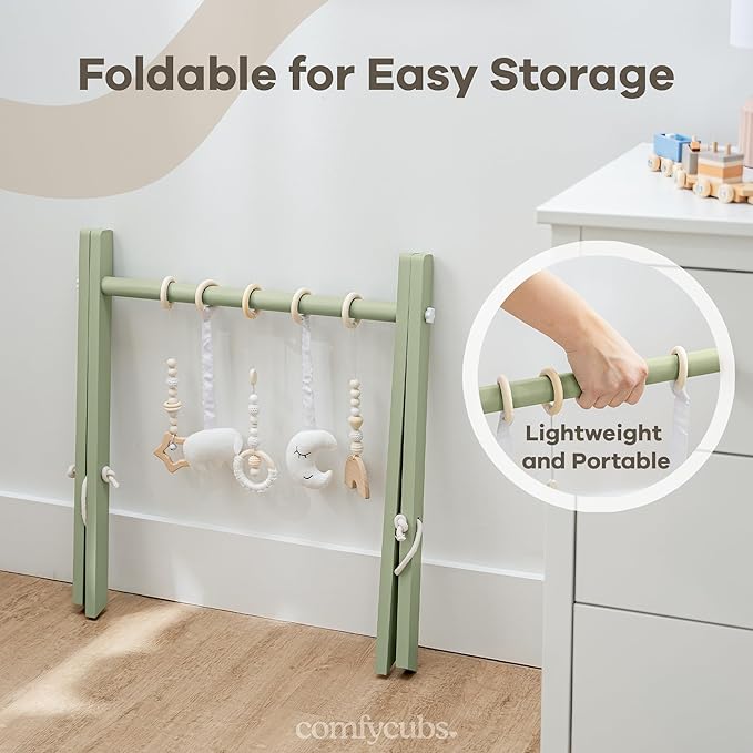 Comfy Cubs Wooden Baby Play Gym - Natural Finish Pinewood Baby Activity Gym with 5 Sensory Hanging Toys - Easy No-Tool Assembly, Safe and Durable for Infant Motor and Visual Development - Sage