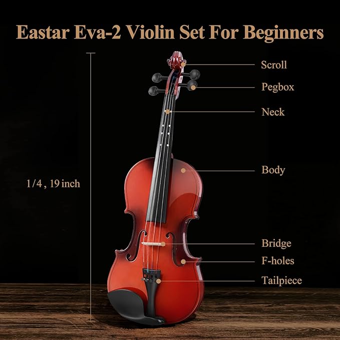 Eastar 1/4 Violin Set for Beginners, Fiddle Quarter Size with Hard Case, Rosin, Shoulder Rest, Bow, and Extra Strings (Imprinted Finger Guide on Fingerboard), EVA-2