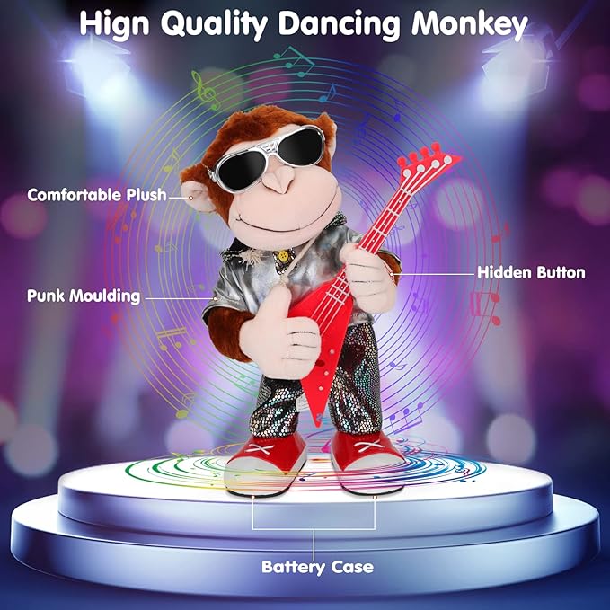 Dancing Monkey Plush Toy, Stuffed Toys, Dancing Singing, Body Shaking, and Guitar Shaking, Punk Molding, One Button Control, Children's Education Toys, Musical Intelligence Development