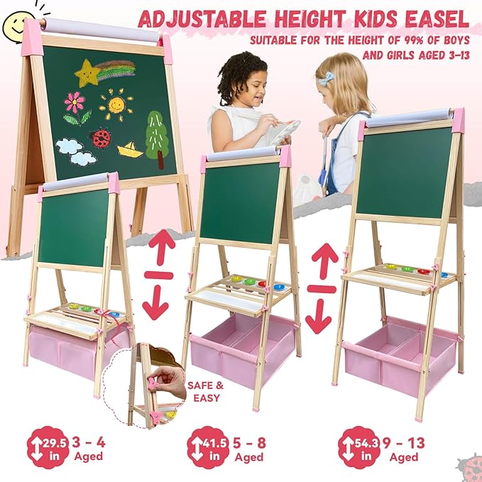 Easel for Kids,Adjustable Wooden Art Easel for Kids,119+ Art Supplies,Double Sided Magnetic Chalkboard and White Board Whit Storage Basket,Drawing and Painting for Aged 2-4,5-7,8-12,2 Paper Rolls