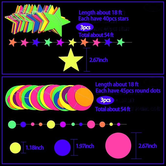 108feet UV Round Dot Star Kit Neon Paper Garland Glow in The Dark Party Favors Streamers Banner for Black Party Supplies UV Reactive Circle Dot Star Garland Wedding Birthday Glow Party Supplies…