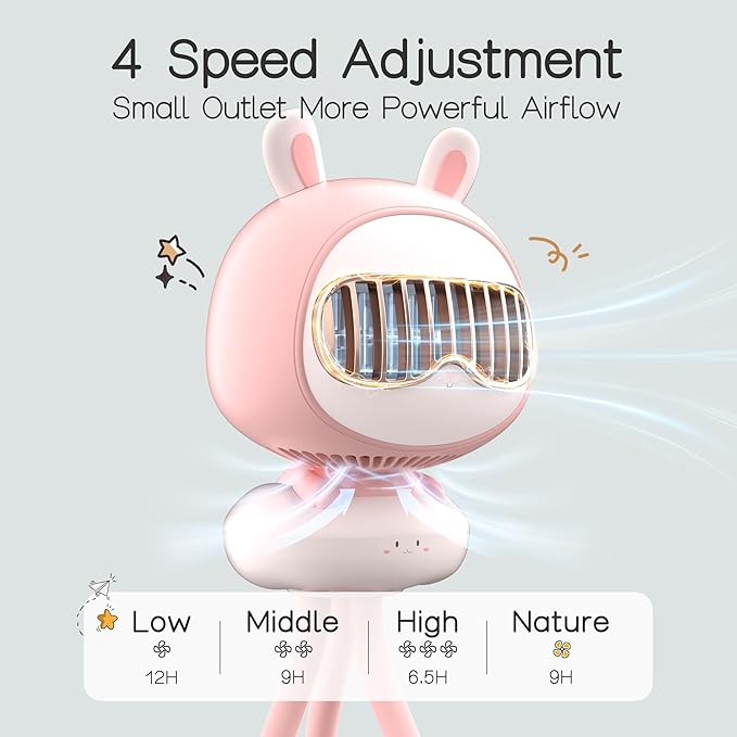 Cute Bunny Stroller Fan Clip On for Baby, Bladeless Fan 4000mAh Rechargeable Battery Operated, Flexible Tripod, 4 Speeds, Auto Oscillating, Small Cooling Fan for Kids