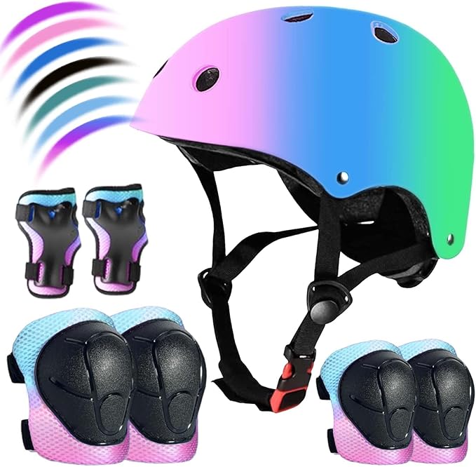 Kids Bike Helmet Set Adjustable for Children, Boys, Girls and Teenagers Aged 3-8 Years Includes Elbow, Knee, Wrist Guards Children's Helmet Protection Set for Bikes SkateboardsRollerskates