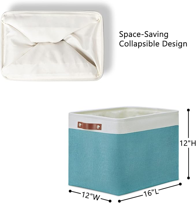 DULLEMELO Large Closet Storage Baskets Canvas Storage Baskets for Organizing 2 Pack Collapsible Home Organizer With Handles (White&Teal)