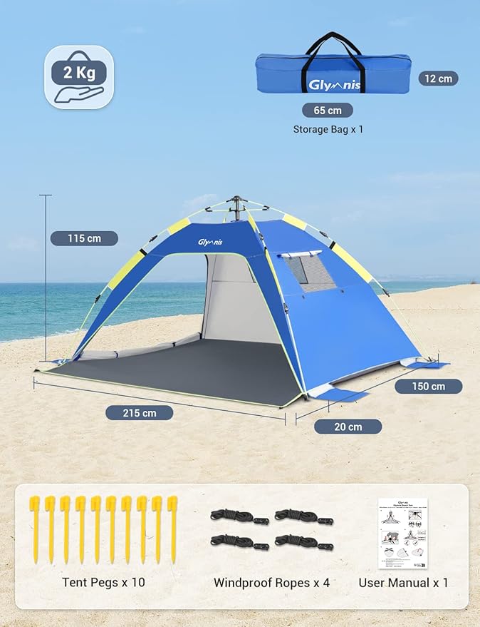 Glymnis Pop Up Beach Tent Sun Shade Shelter for 3-4 Person with UPF 50+, Lightweight & Easy Setup, Vent Windows & Zippered Door, Extended Floor Family Instant Beach Tent