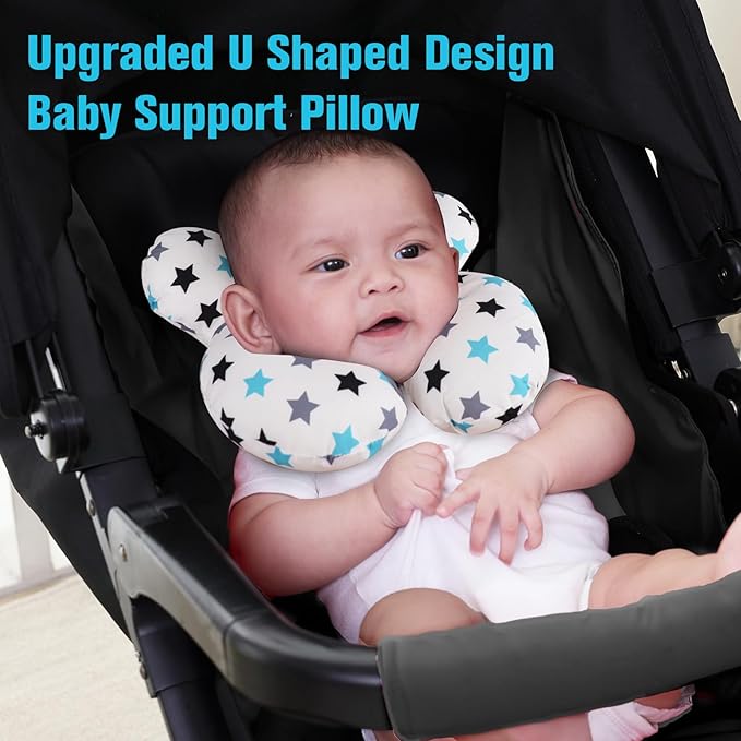 KAKIBLIN Baby Neck Pillow, Upgraded Baby Support Pillow, Head Pillows for Carseat, Newborn Neck Support for Car Seat,Pushchair,Travel (White Star)