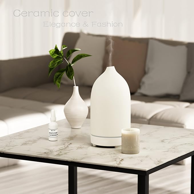 Essential Oil Diffusers,Handmade Ceramic Aromatherapy Diffuser for Room and 9 Colors Night Light for Home,Auto-Off (White)