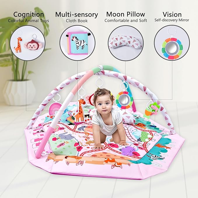 Baby Gym Play Mat, 8-in-1 Tummy Time Mat & Activity Gym, Washable Ball Pit, Infant Play Mat with Detachable Toys for Sensory Exploration and Motor Skill Development