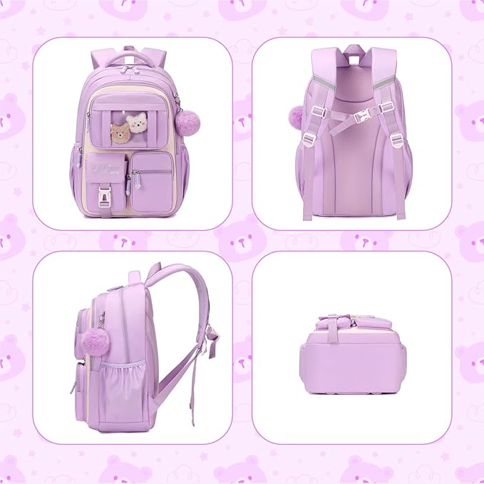 Kids Backpack for Girls School Bags for Middle School Students Book Bag for Elementary Primary Kawaii Ita Backpack, Purple and Beige