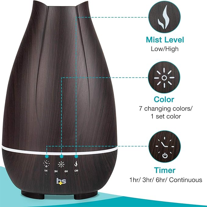 HealthSmart Essential Oil Diffuser, Cool Mist Humidifier and Aromatherapy Diffuser with 500ML Tank Ideal for Large Rooms, Adjustable Timer, Mist Mode and 7 LED Light Colors, Brown
