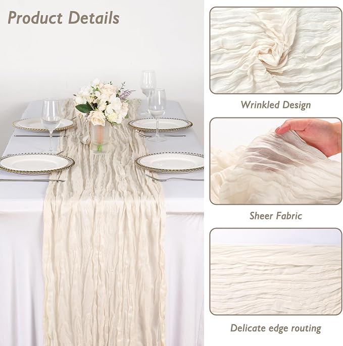 3 Pack Ivory White Cheesecloth Table Runner 120 Inch Boho Wedding Decor | - Image 3