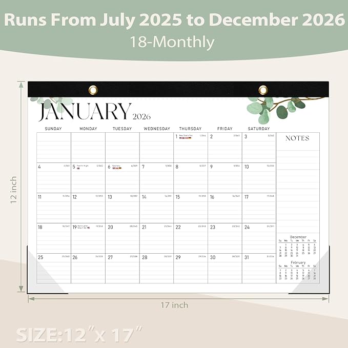 Desk Calendar 2025-2026, 18 Months (July 2025 to December 2026) - Large Size 17" x 12" Desktop/Wall Monthly Calendar with To Do List, Personal Desk Calendar Planner for Home, School, Office - Leaf