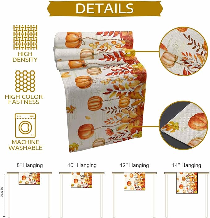 Orange Pumpkin Fall Table Runner 60 Inches Long, Thanksgiving Maple Eucalyptus - Image 8