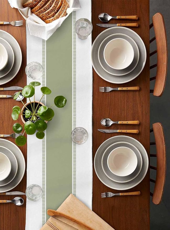 Sage Green Stripe Table Runners 108 inches Long, Linen Boho Table Runner - Image 2