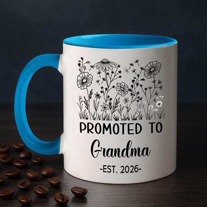 Customized Promoted To Grandma Accent Mug, New Grandma Pregnancy Announcement White Coffee Cup 11 15 Oz, Personalized Grandmother EST 2026 Ceramic Coffee Mug Gift For New Grandmother Nana Gigi Mimi