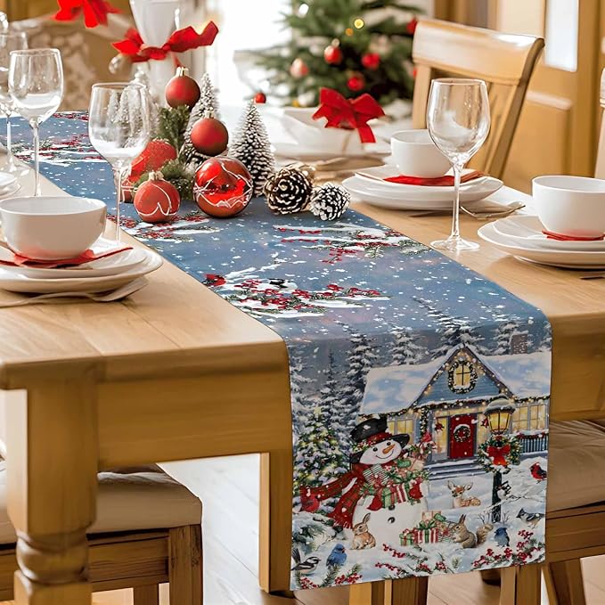 Merry Christmas Table Runner 120 Inches Long, Xmas Trees Snowman Snowflake - Image 9