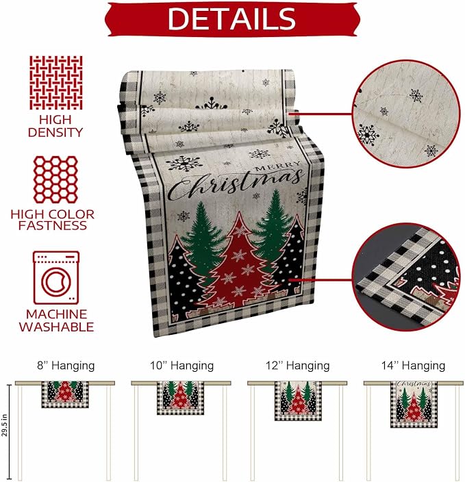 Christmas Trees Table Runner 48 Inches Long, Xmas Snowflake Retro Table Runners - Image 7
