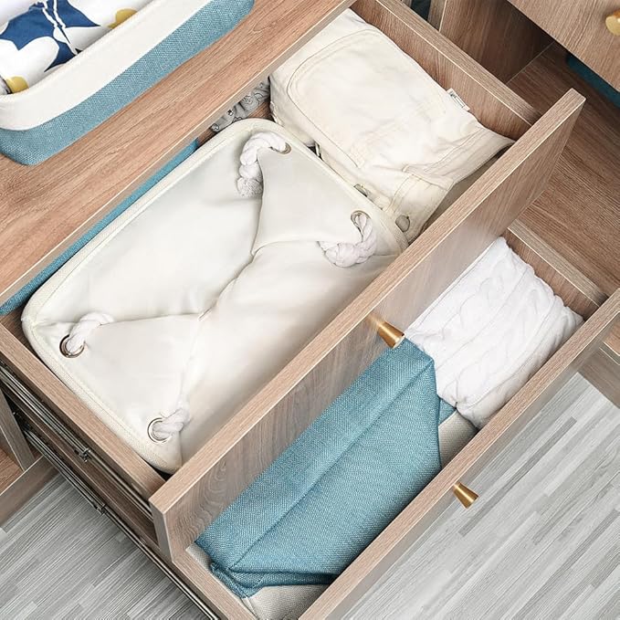 TheWarmHome Fabric Storage Bins Baskets for Organizing,Sturdy Storage Basket W/Handles, Decorative Foldable Storage Baskets for Shelves Closet Nursery Toy (White&Teal, Medium - 3 Pack)