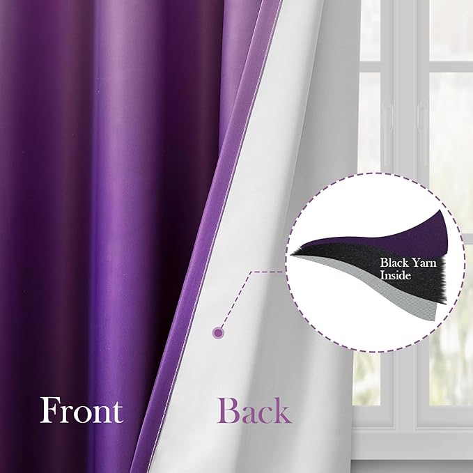 HOMEIDEAS Purple Ombre Blackout Curtains 52 X 96 Inch Length Gradient Room Darkening Thermal Insulated Energy Saving Grommet 2 Panels Window Drapes for Living Room/Bedroom