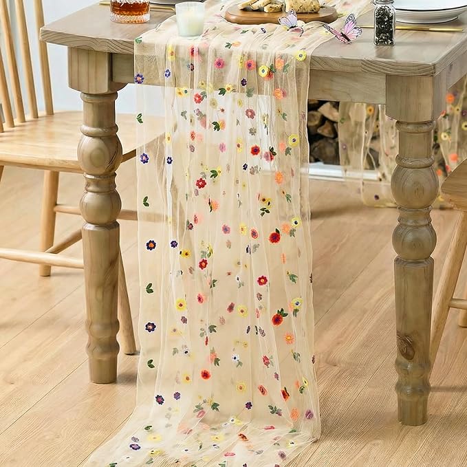 Artoid Mode Beige Apricot Floral Gauze Embroidery Table Runner 120Inch 10FT | - Image 4