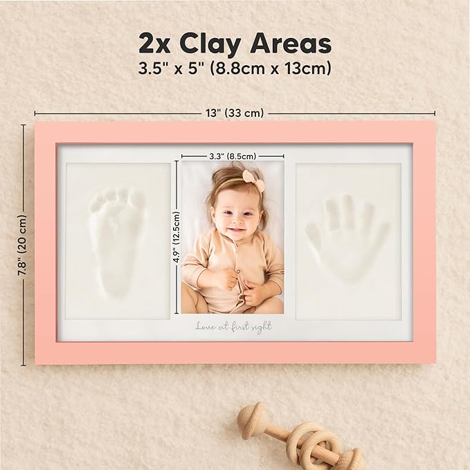 Baby Hand and Footprint Kit - Clay Handprint Keepsake Frame, Newborn Nursery Picture Frame, Personalized New Mom Gifts for Baby Shower & Registry (Sweet Pink)