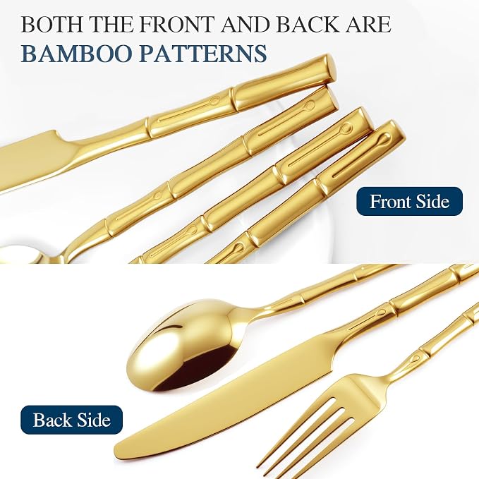Gold Silverware Set 60-Piece Bamboo Pattern Service - Image 4