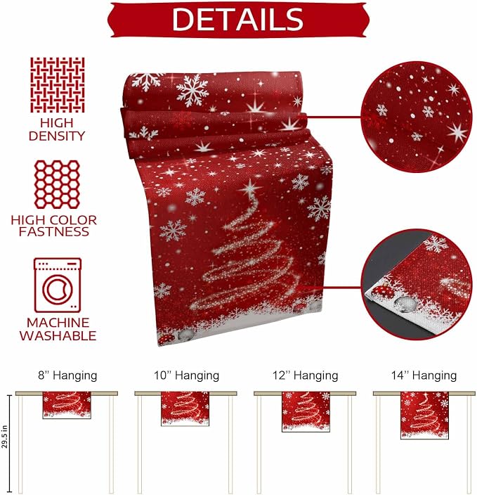 Red Christmas Table Runner 60 Inches Long, Xmas Tree Balls Snowflake Table - Image 7
