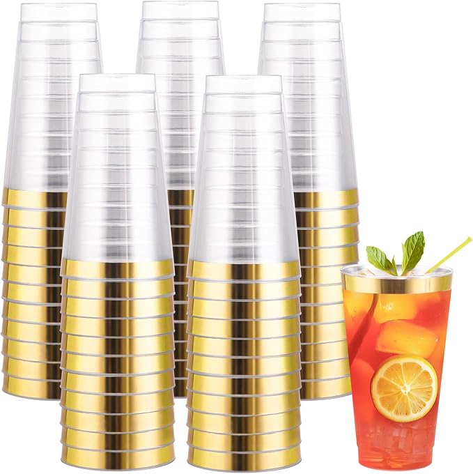 I00000 16 oz Gold Plastic Cups, 50 Pack Clear Plastic Cups Tumblers Gold Rimmed by I00000