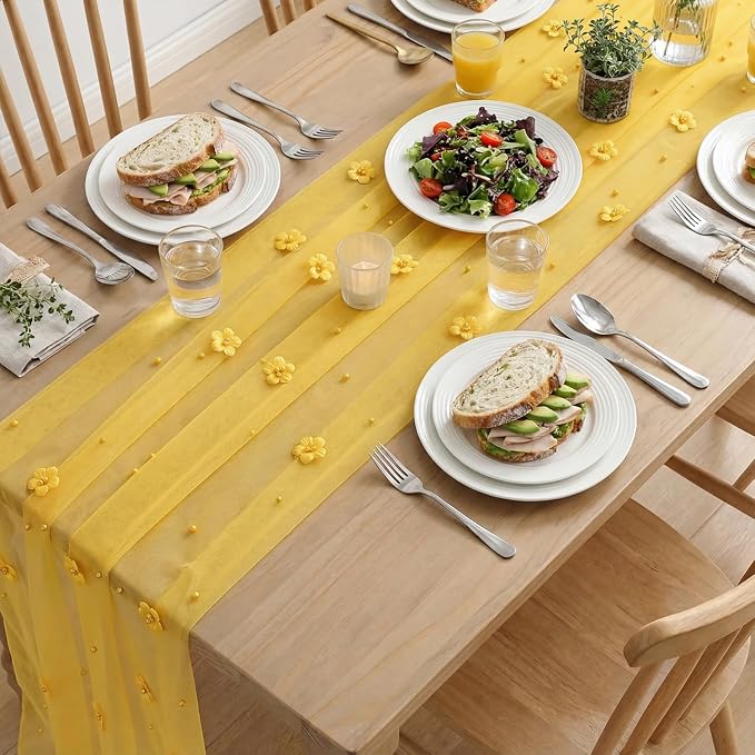 Artoid Mode Yellow Flower Pearl Yellow Gauze Table Runner 10FT, Seasonal Sheer - Image 8