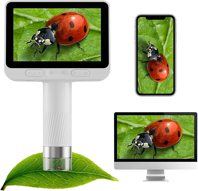 Digital Microscope with 4 Inch Screen, 1080P HD 1600X Kids Portable Handheld Microscope with 8G Card for Scientific Experiment