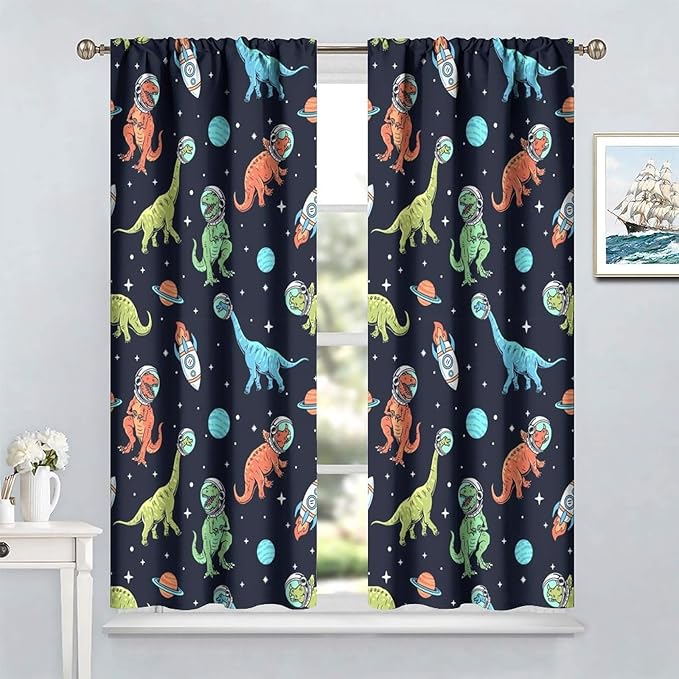 Cartoon Dinosaur Curtains for Kids Boys Girls Home Decor, Astronaut Rocket Funny Outer Space Blackout Rod Pocket Window Drapes for Bedroom Living Room W21xL45in Decor