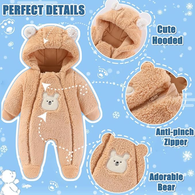 Fairy Baby Newborn Baby Winter Snowsuit Bear Thick Romper Footie Double Zip Hooded Jumpsuit Fleece Coat Infant Boy Girl 0-12M