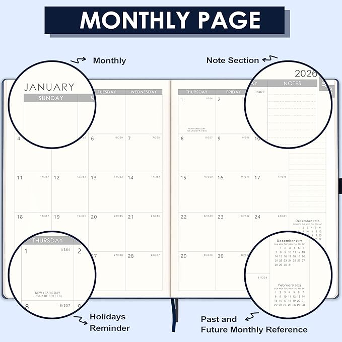2026 Planner - Weekly and Monthly Planner 2026, JAN 2026 - DEC 2026, 8.5" x 11", Leather Cover 2026 Planners with Thick Paper, Back Pocket with Notes Pages - Blue