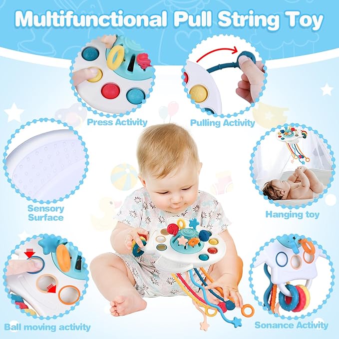 SpringFlower 5 in 1 Baby Toys 6 to 12 Months, Montessori Toys, Soft Baby Teething Toys, Sensory Bin Toy, Stacking Building Blocks & Rings Infants,Sorting Sensory Learning Gift for Toddlers Aged 1-3