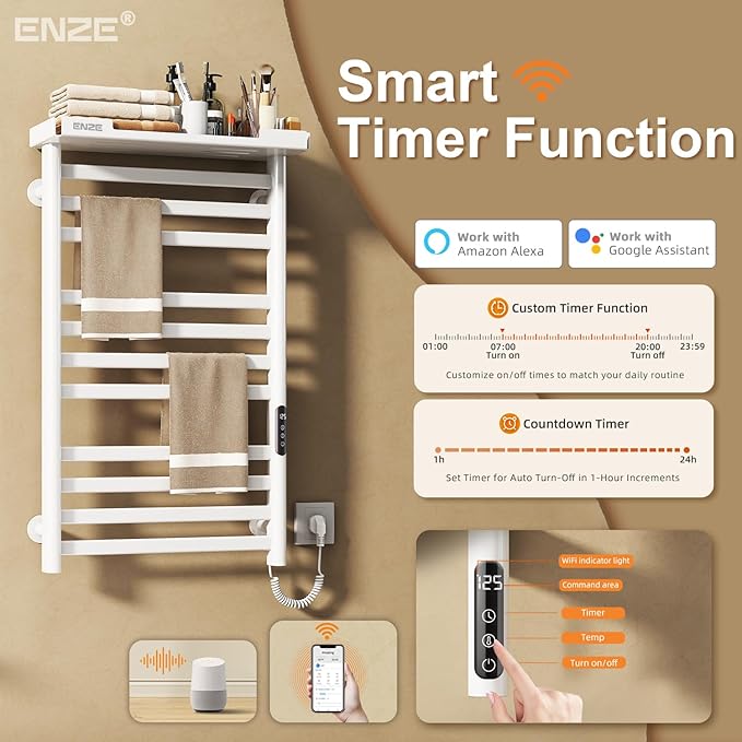 ENZE Heated Towel Rack with Shelf and Wi-Fi App Control, 11 Bars Electric Wall Mounted Towel Warmer with Timer & Adjustable Temperature, Low Carbon Steel, Plug-in/Hardwired, White