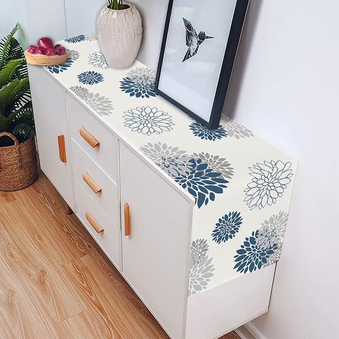 Blue Gray Table Runner Dahlia Pinnata Flower Beige Table Runners Modern Elegant - Image 3