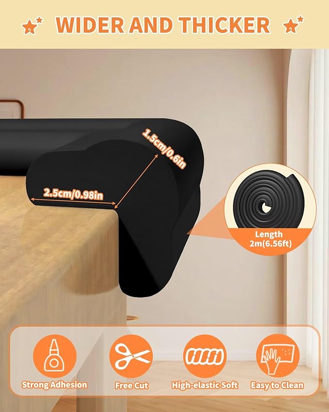 Edge Corner Protector Baby Proofing, 6.56FT 0.6'' Thicken L-Shape Furniture Fireplace Safety Bumper Guard with 6 Corners, Pre-Taped, Soft NBR Rubber Foam, Table Edge Protector for Baby (Black)