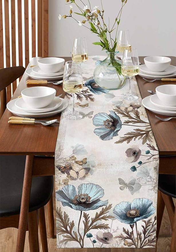 Vintage Tulip Flowers Short Table Runners 48 Inches, Cotton Linen Fabric Table - Image 2